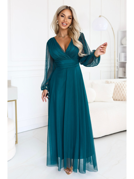 numoco NERISSA Elegante Tüll-Maxikleid mit Wickelausschnitt - Meeresgrün