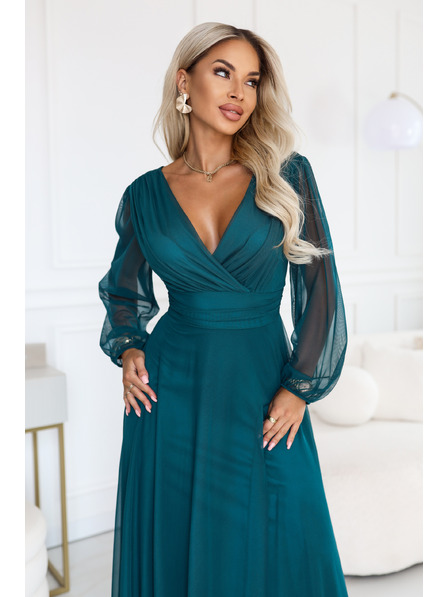 numoco NERISSA Elegante Tüll-Maxikleid mit Wickelausschnitt - Meeresgrün