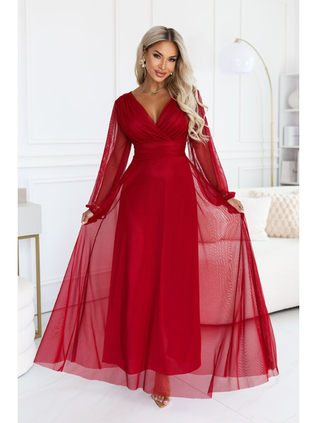 numoco NERISSA Elegantes Tüll-Maxikleid mit Wickelausschnitt - helles Bordeaux