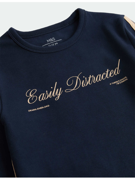 Marks & Spencer Top mit "Easily Distracted" Aufdruck und hohem Baumwollanteil (6–16 Jahre) Marks & Spencer marinblau