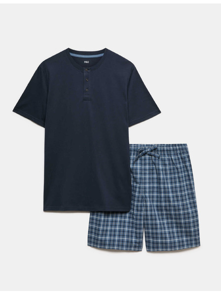 Marks & Spencer Kariertes Pyjama-Set aus reiner Baumwolle mit Hausmantel Marks & Spencer Marineblau