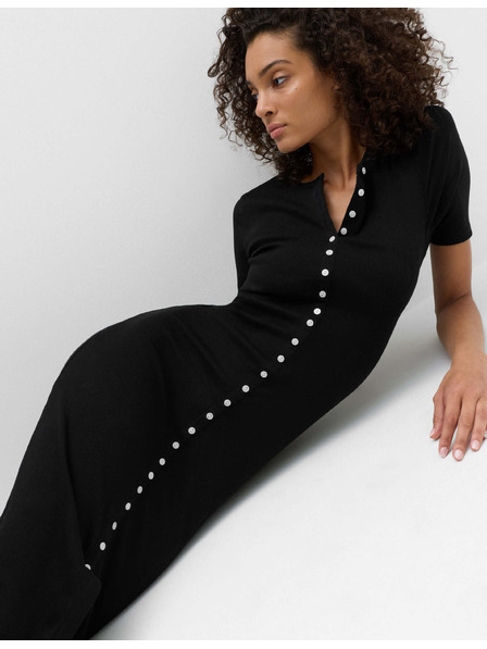 Marks & Spencer Geripptes Midi-Kleid in Säulenform mit hohem Baumwollanteil Marks & Spencer schwarz