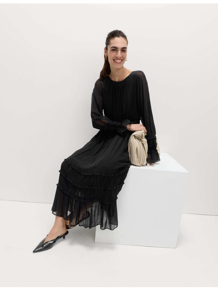 Marks & Spencer Transparentes Midi-Kleid mit betontem Taillenbund und Volants Marks & Spencer schwarz