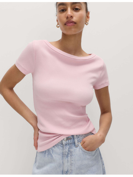 Marks & Spencer Geripptes T-Shirt mit Bootsausschnitt und hohem Baumwollanteil Marks & Spencer rosa