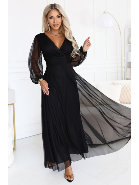 numoco NERISSA Elegantes Tüll-Maxikleid mit Wickelausschnitt - schwarz