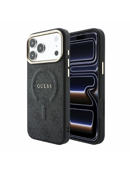 Guess Guess PU Leder 4G Gold Frame Embossed MagSafe Rückseitenschutz für iPhone 18 Pro Schwarz