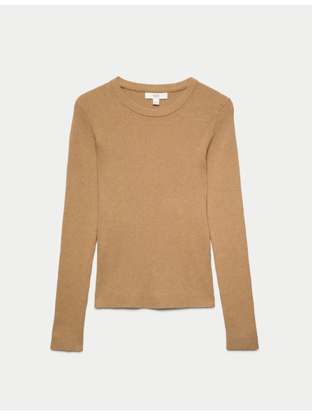 Marks & Spencer Figurbetonter gerippter Pullover mit Rundhalsausschnitt Marks & Spencer braun
