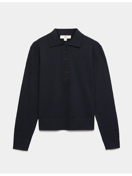 Marks & Spencer Figurbetonter Pullover mit Kragen und Wollanteil Marks & Spencer marineblau