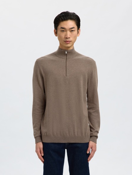 SELECTED Herrenpullover mit Reißverschluss am Kragen teak
