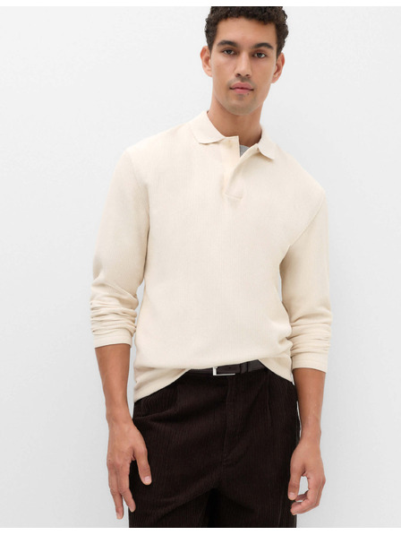 Marks & Spencer Geripptes Langarm-T-Shirt mit Kragen (Polo) aus Baumwollmischung Marks & Spencer Creme
