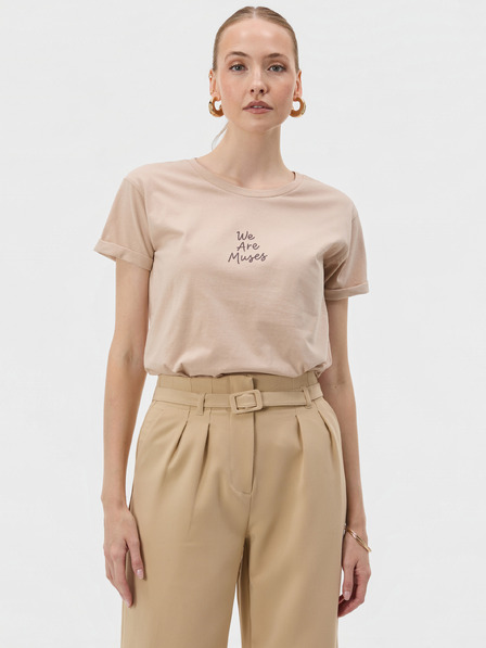 Orsay Beiges Damen-T-Shirt mit Rundhalsausschnitt und kurzen Ärmeln ORSAY